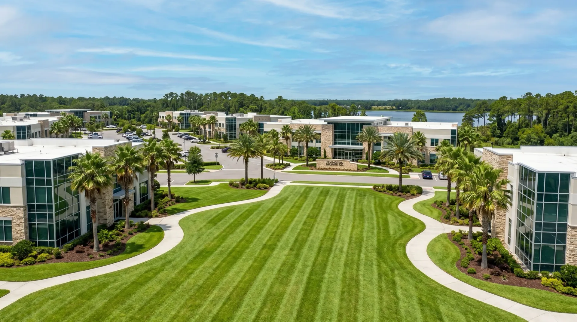 Aerial view of landscaped grounds with curving walkways