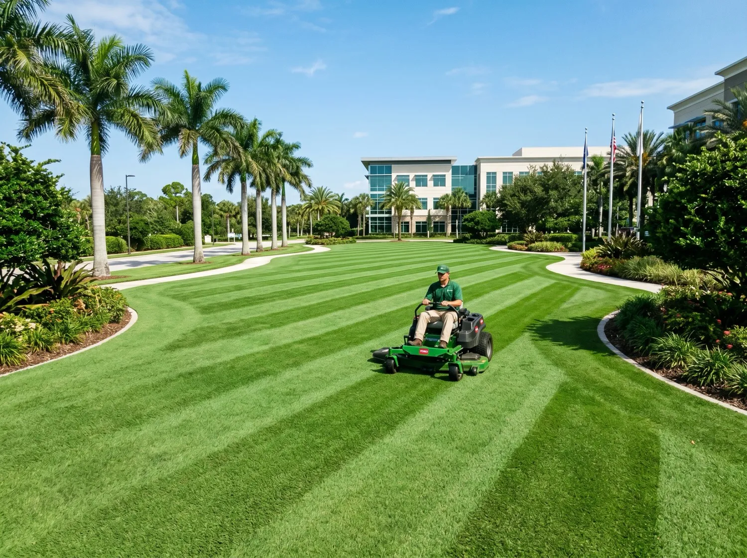 Zero-turn mower cutting a wide commercial lawn