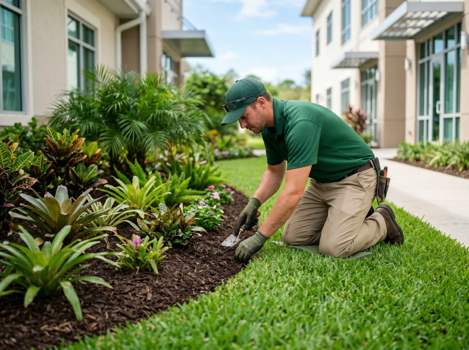 Weeds being pulled by hand from a landscape bed