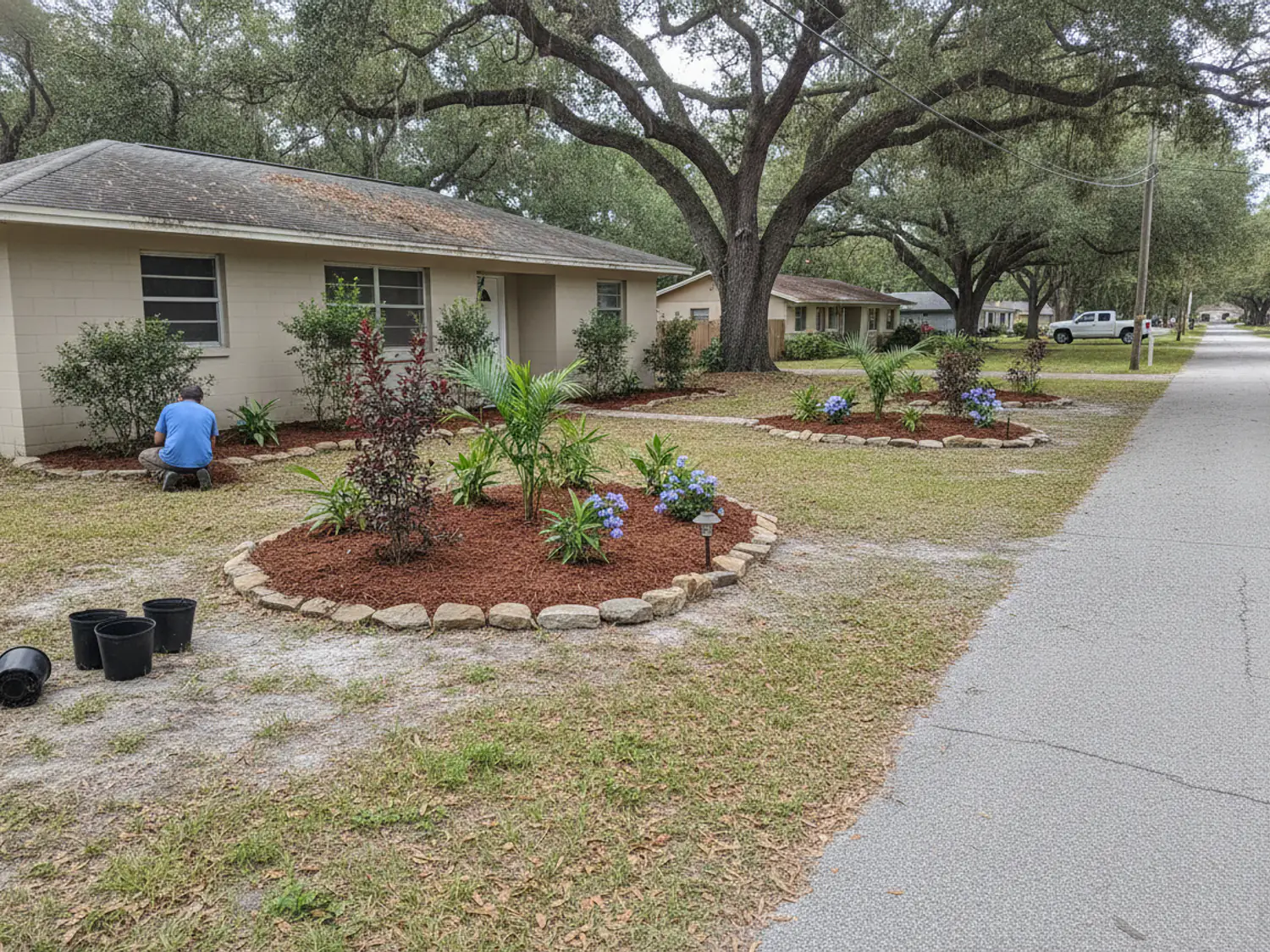 A newly planted front bed with young shrubs in fresh mulch, a stone border and path lights