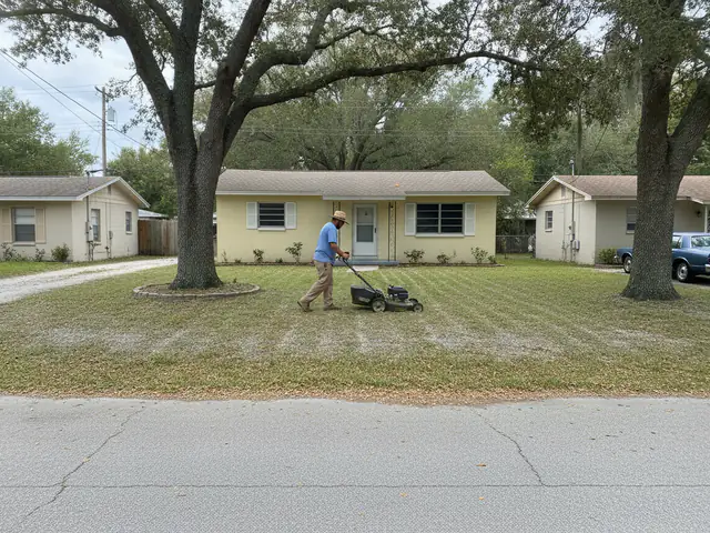 A worker mowing the front lawn of a house