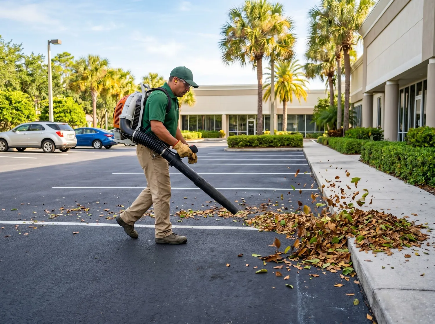 Backpack blower clearing leaves off a lawn