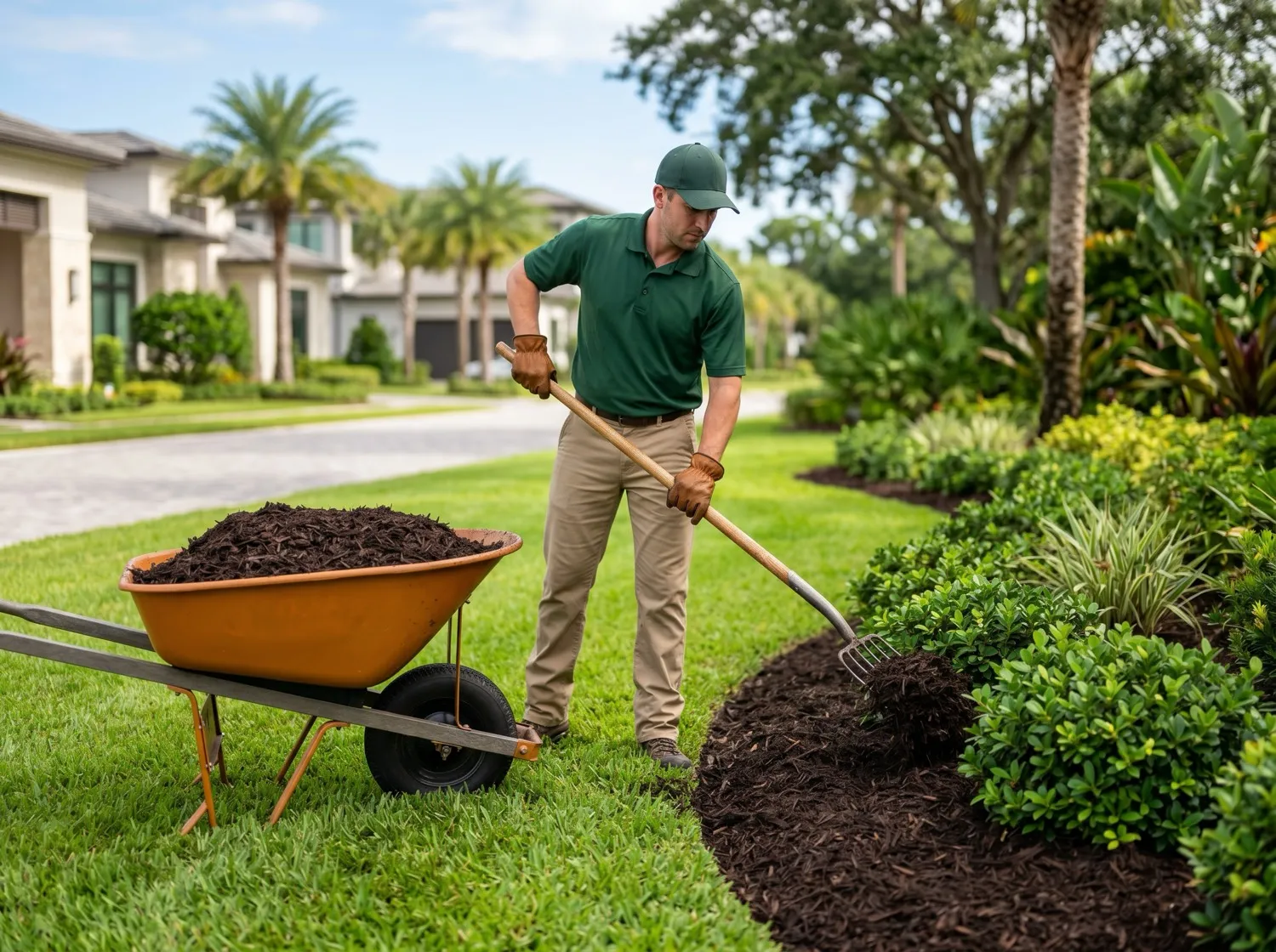 Wheelbarrow of mulch being spread into a planting bed