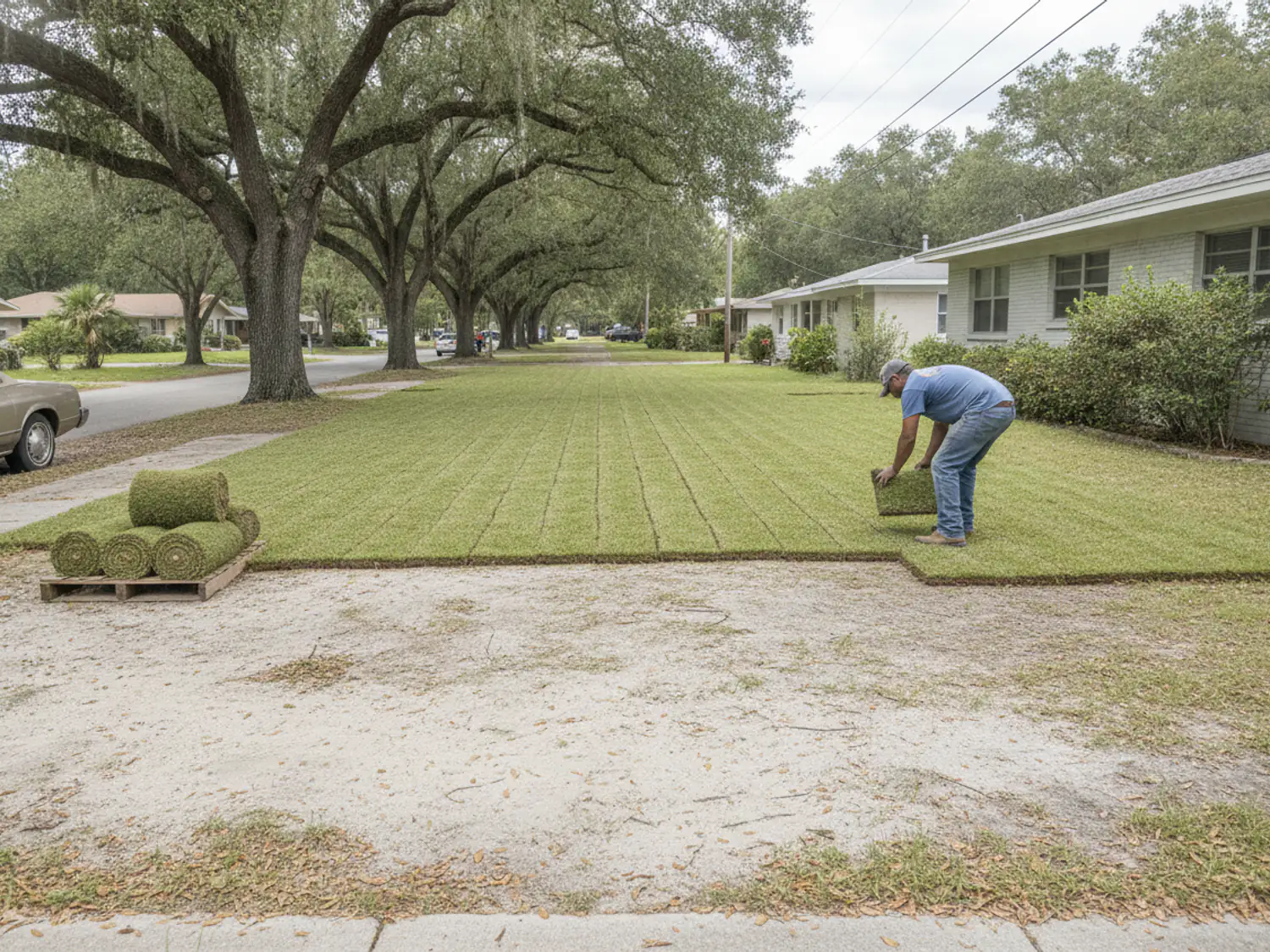 New St. Augustine sod being laid, with a pallet of sod nearby